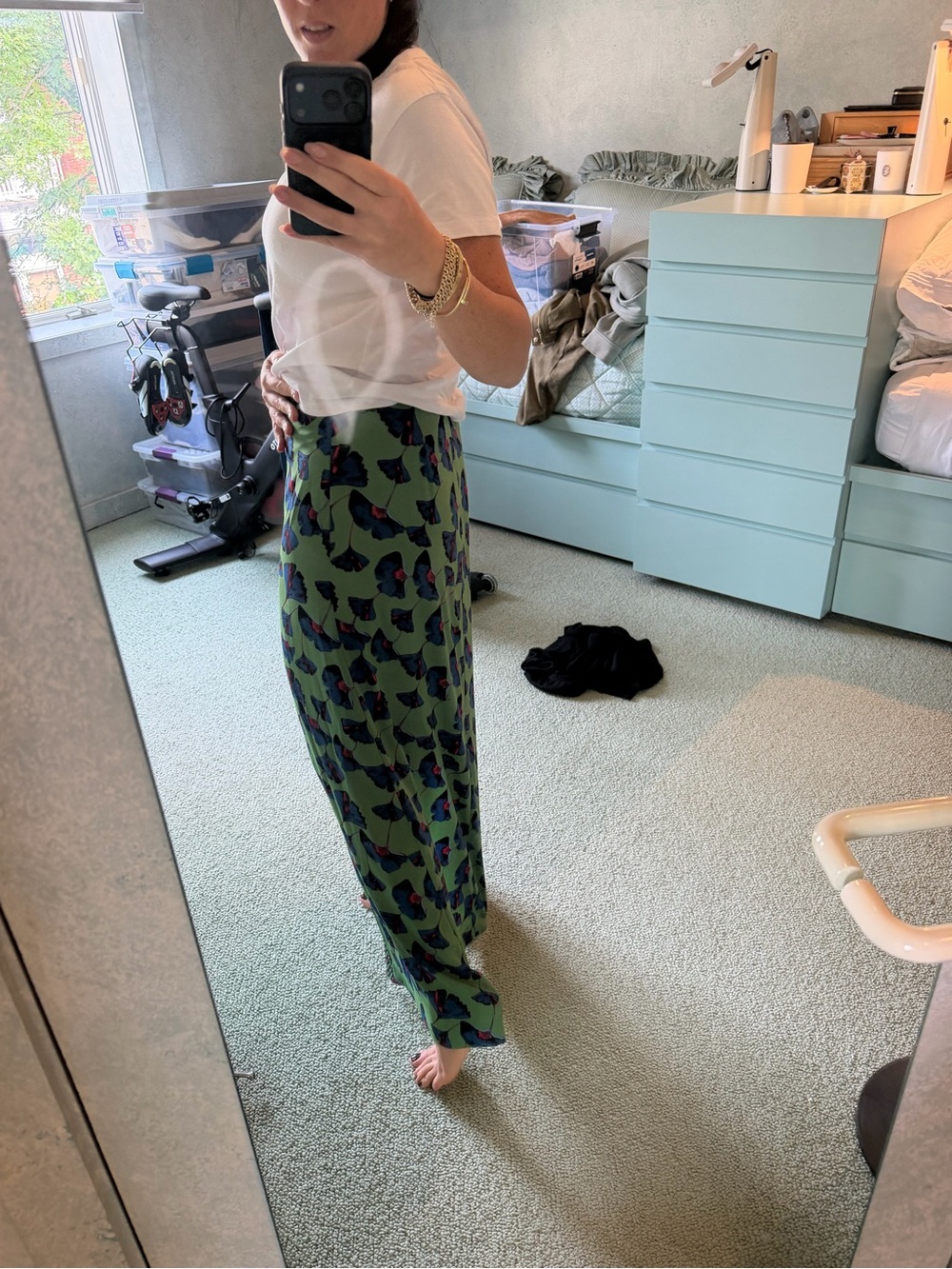 Green Floral Split Maxi Skirt with Blue Accents - Picture 9 of 9